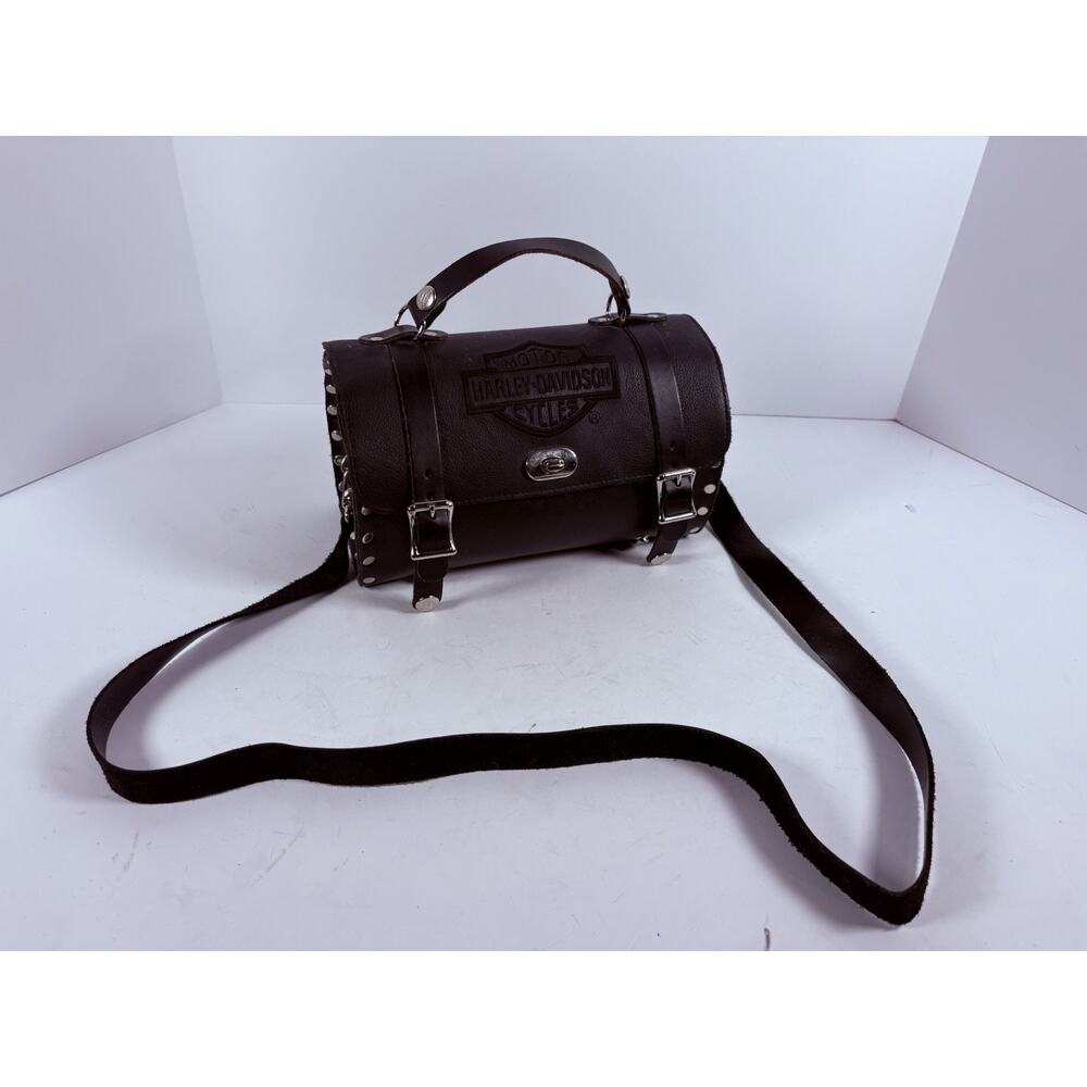 Harley Davidson Leather Barrel Purse Handbag Black Shoulder Bag Studded